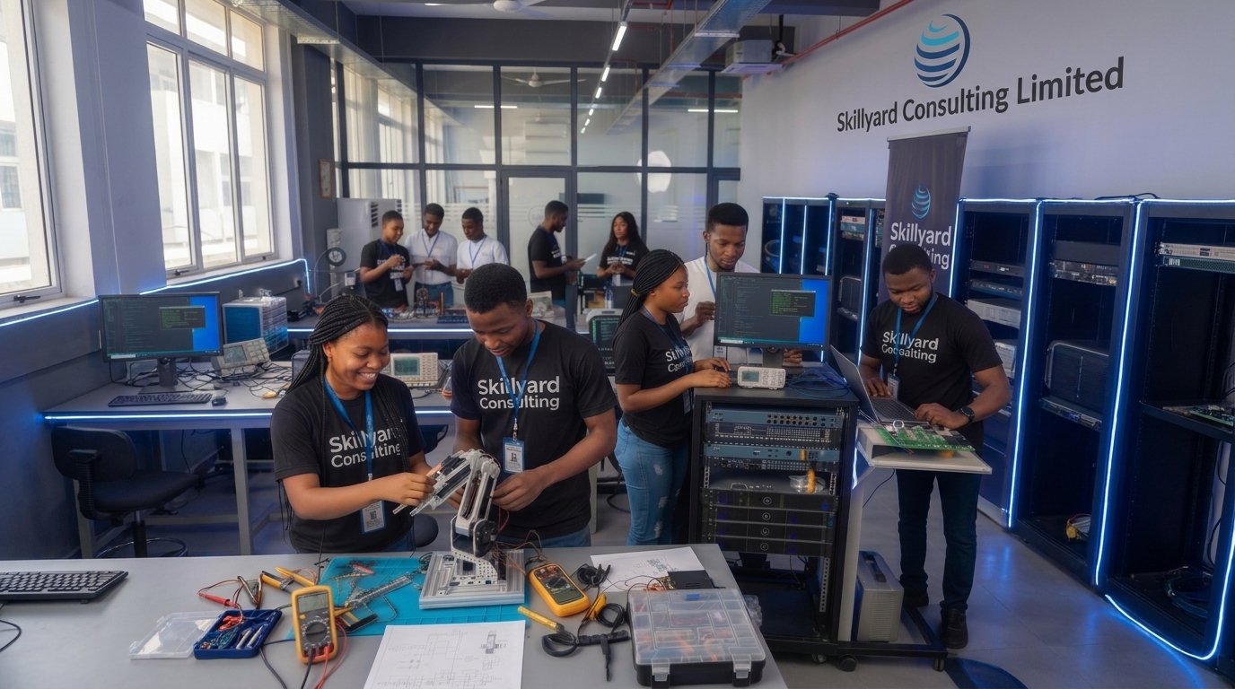 Professionals in a high-tech vocational training workshop working with advanced electronics and robotics.